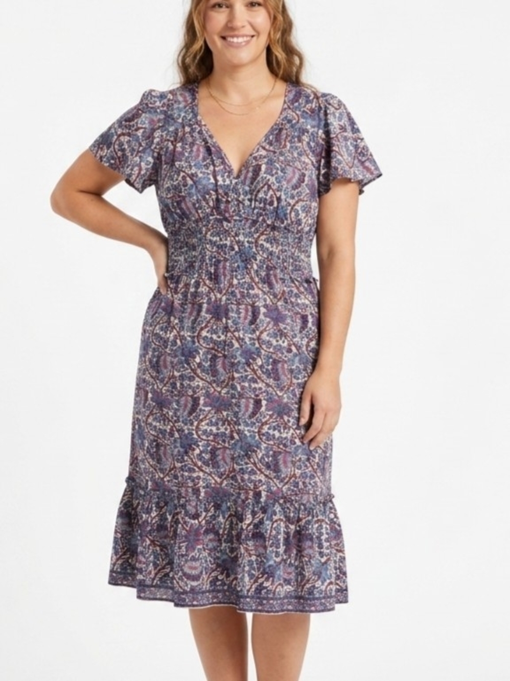 Max Studio Purple Floral Smocked Waist Flutter Sleeve Midi Dress M